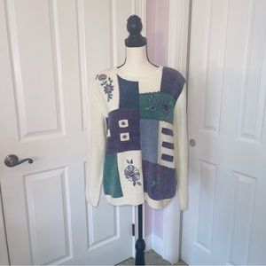 Alfred dunner floral patch design white, purple and green  knit sweater, large
